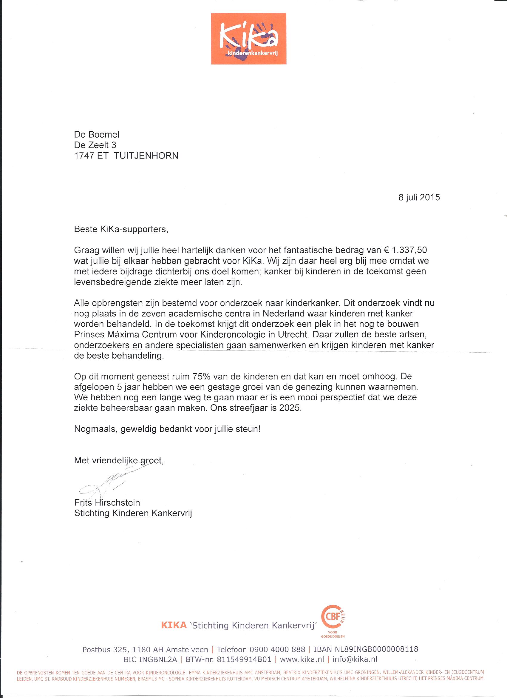 € 1337,50 voor KIKA!!!